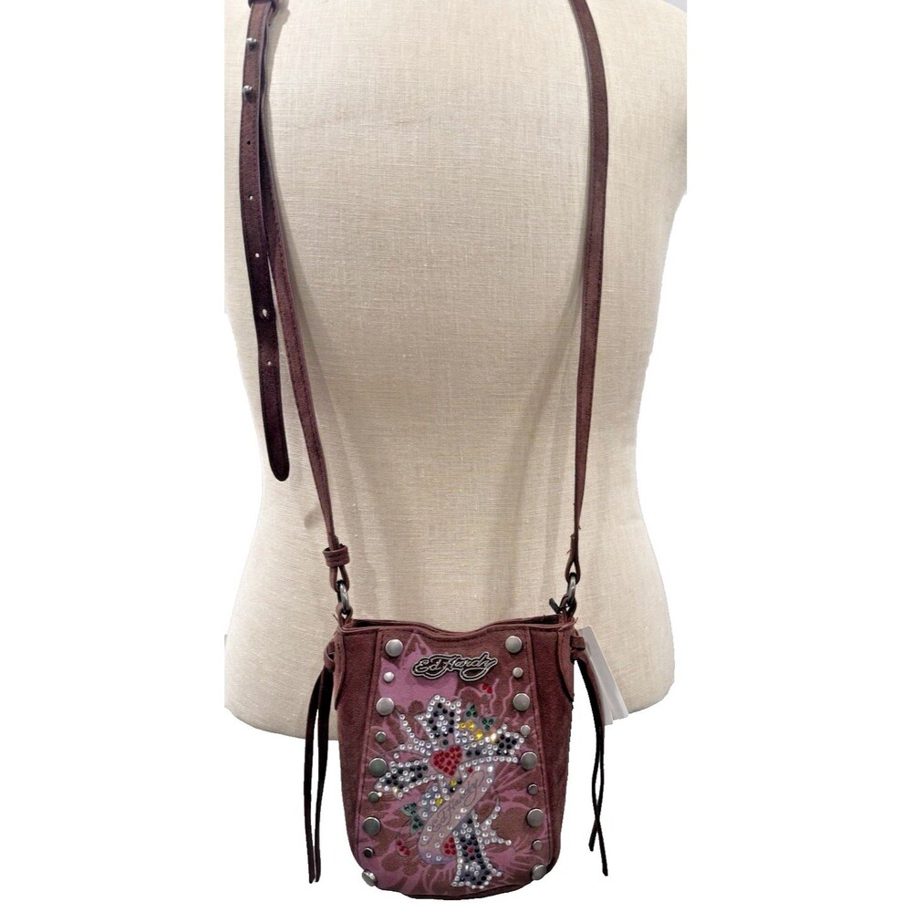 Ed Hardy Small Brown Crossbody Bag Rhinestone Studded Cross Logo, Magnetic